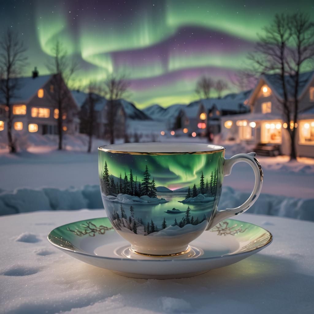 Surreal Teacup Dreamscape Under Northern Lights