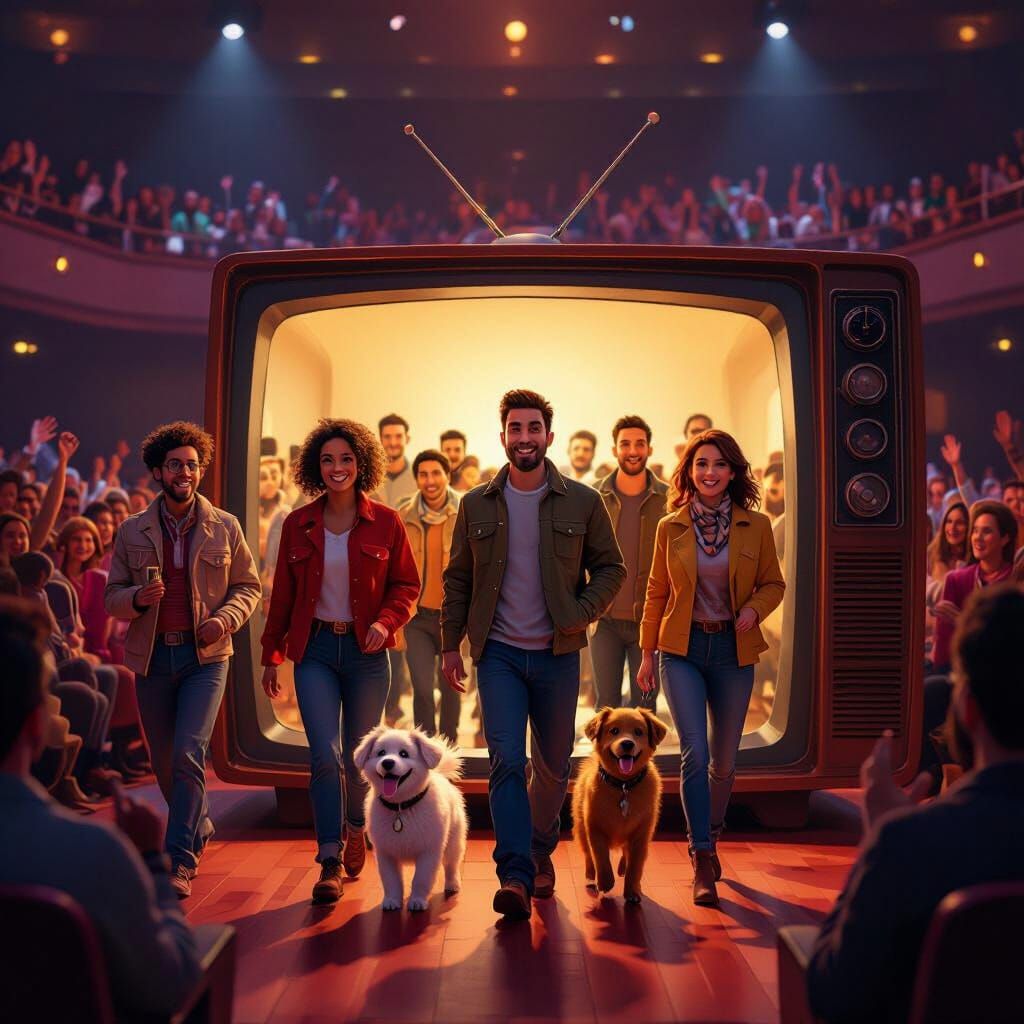People Emerge from TV with Dogs in 3D Rendered Style