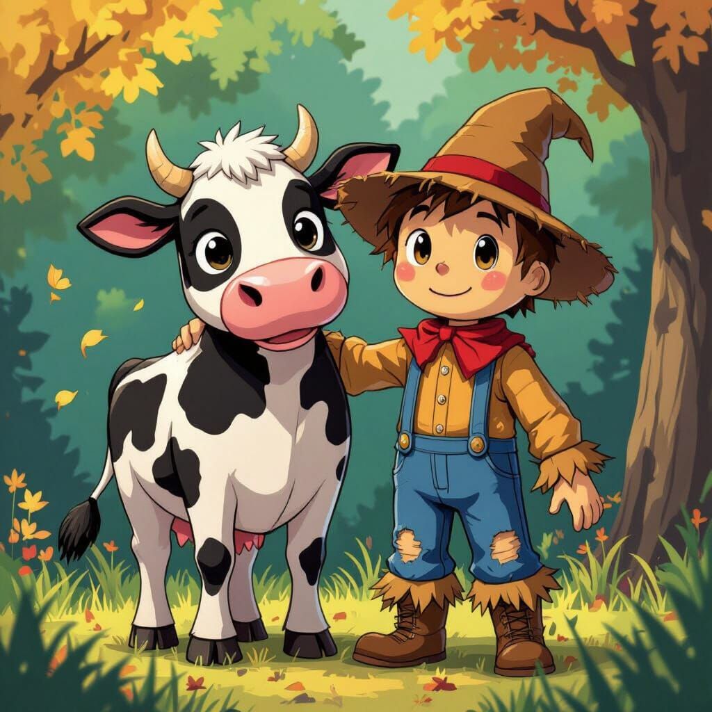 Cartoon Cow and Scarecrow in Anime Style