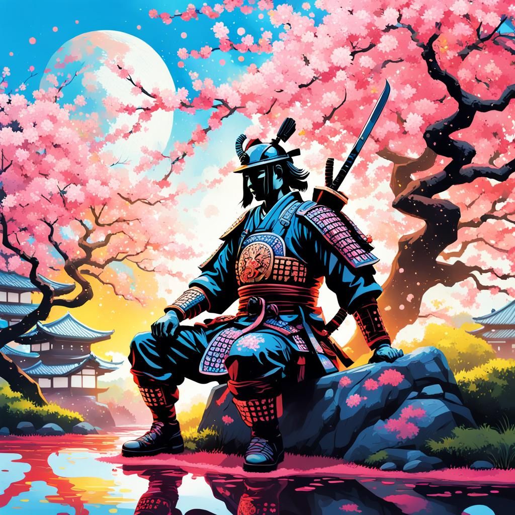 Samurai Silhouette in Cherry Blossom Garden