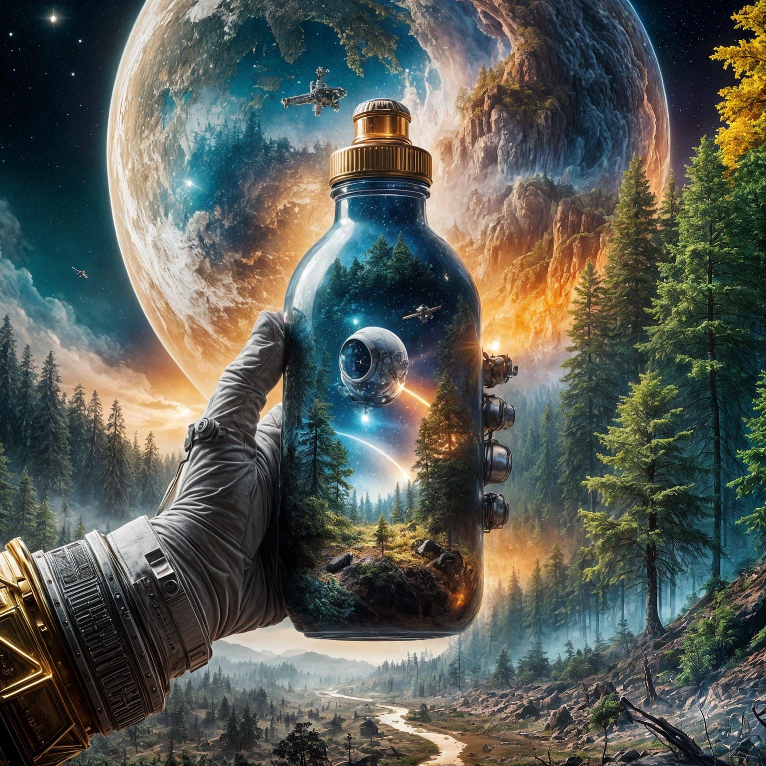 Astronaut Holding Forest in Bottle: Digital Matte Painting