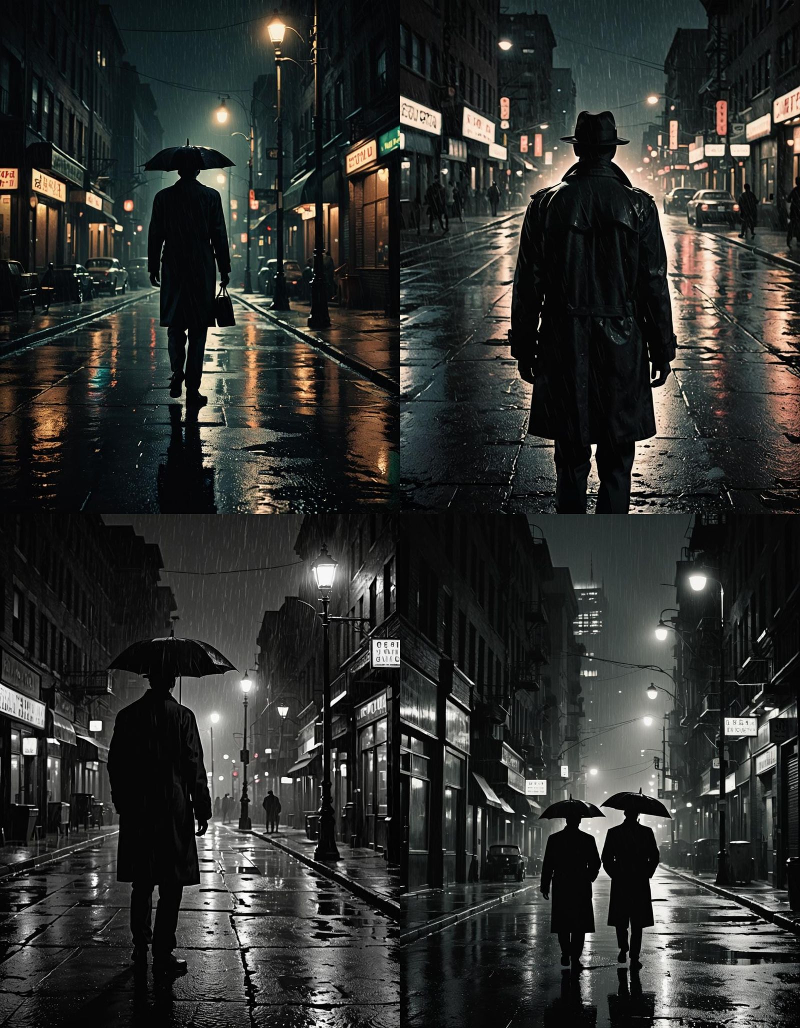 A rotoscoped scene in a gritty, noir style. A figure stands alone on a rain-slicked street, silhouetted against the glow...