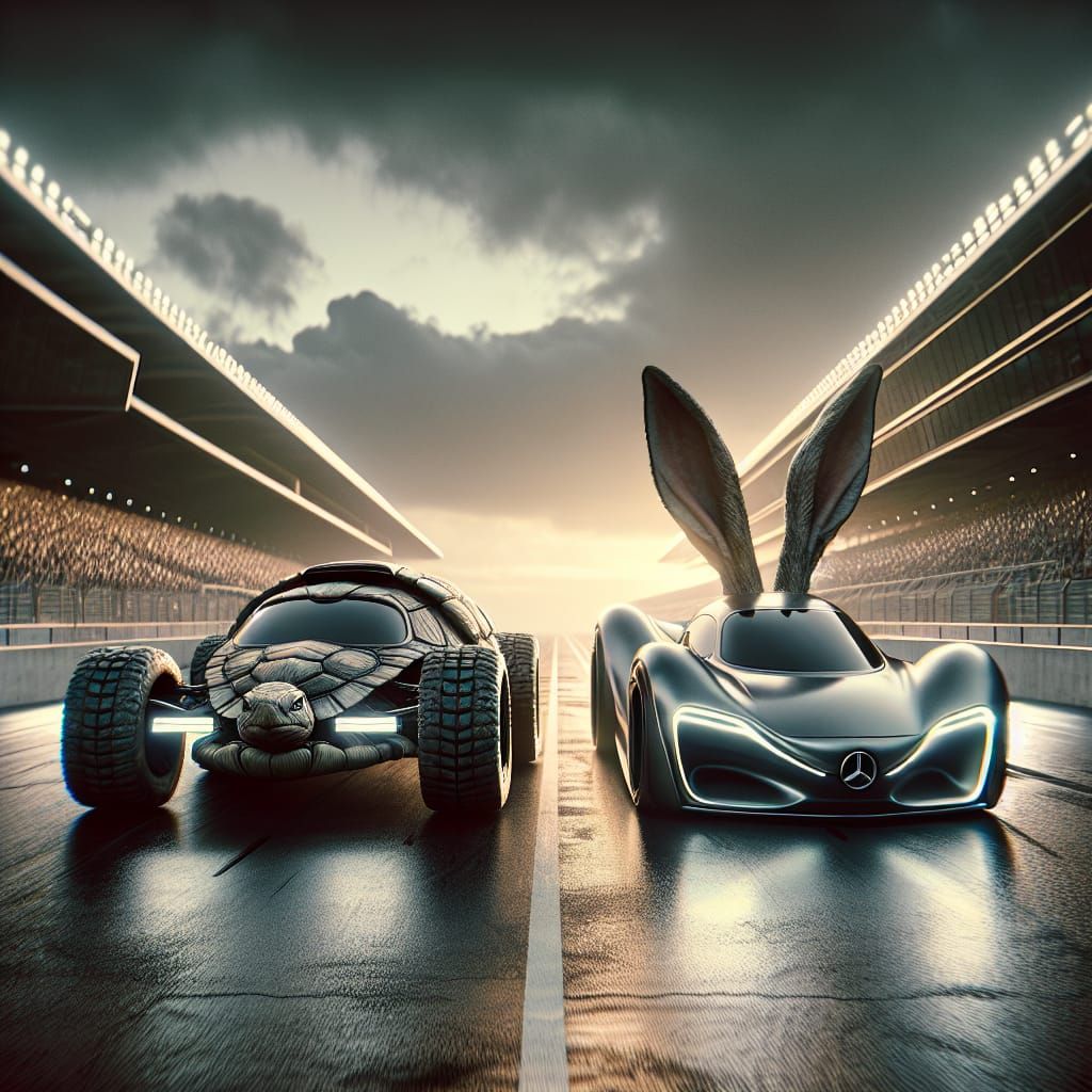 Hyperrealistic Car Racers in HDR, Turtle and Rabbit Inspired