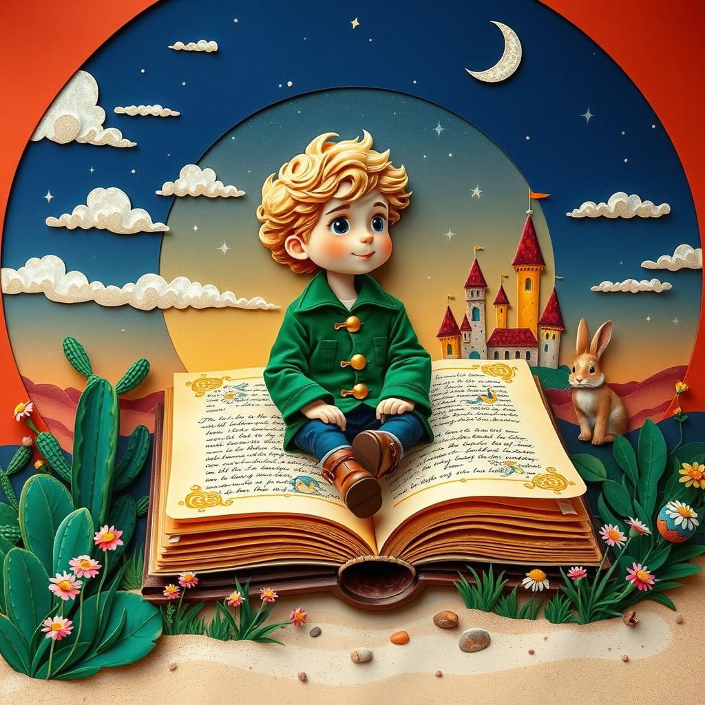 Boy on Book in Whimsical Paper-Cut Illustration