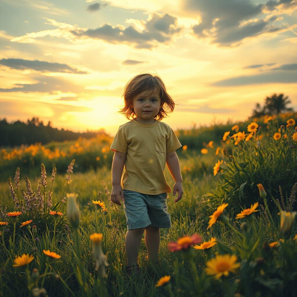 Child in a Sunlit Meadow of Wildflowers, in a Soft and Dream...