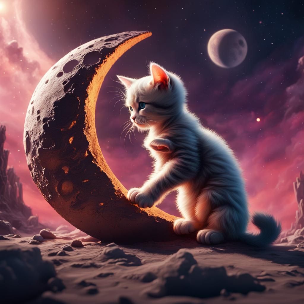 Kitten's Lunar Love: Detailed Matte Painting