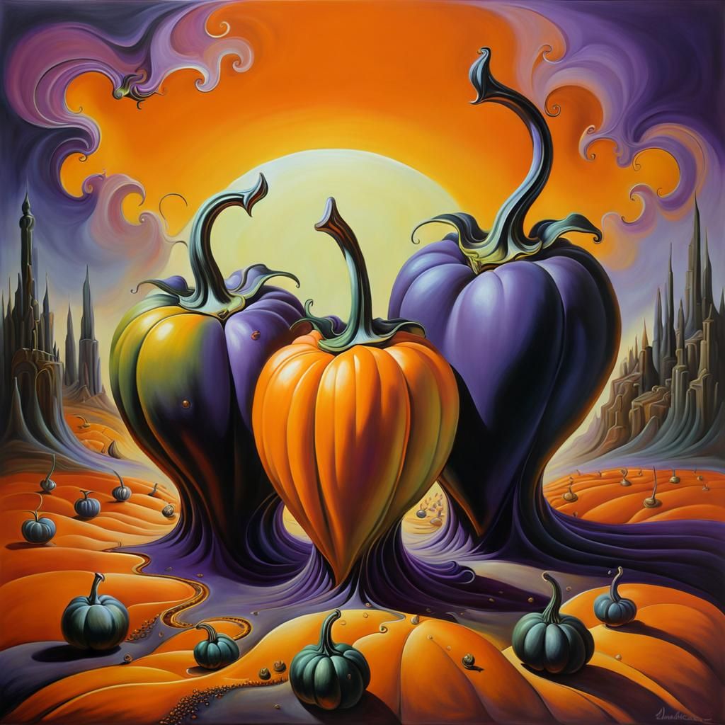 Dreamlike Pumpkins in Love: Surreal Oil Painting