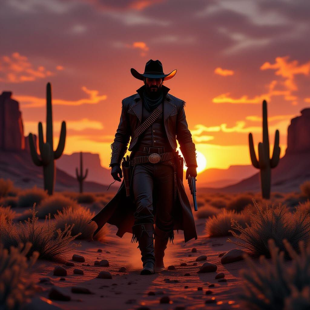Grizzled Gunfighter at Fiery Desert Sunset in 3D Style