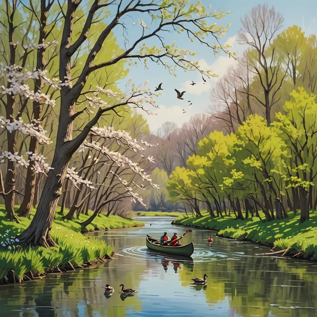 Springtime River Scene as Impasto Gouache Painting