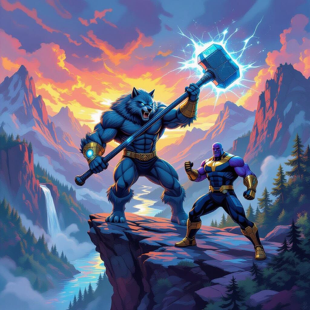 Werewolf Superhero on Mountain Precipice in Graffiti Art Sty...