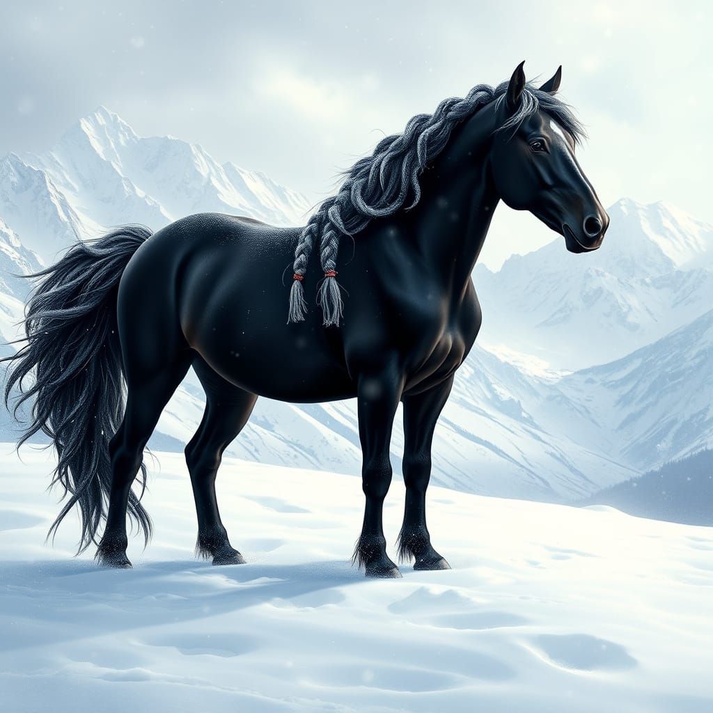 Majestic Black Horse in Winter Wonderland