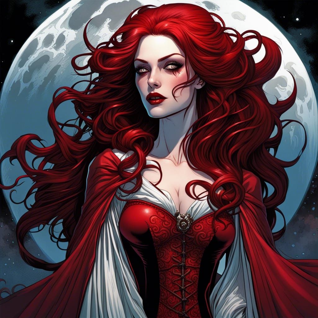 Gothic Vampire Princess with Crimson Hair in Comic Art