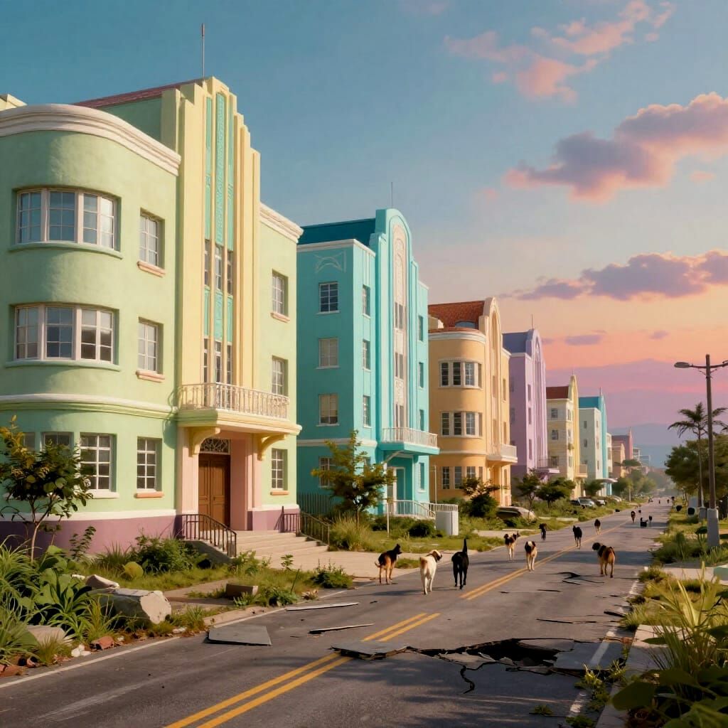 Art Deco Cityscape with Dogs on a Weedy Road