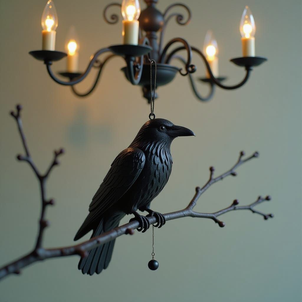 Wax Raven Sculpture on Branch Chandelier
