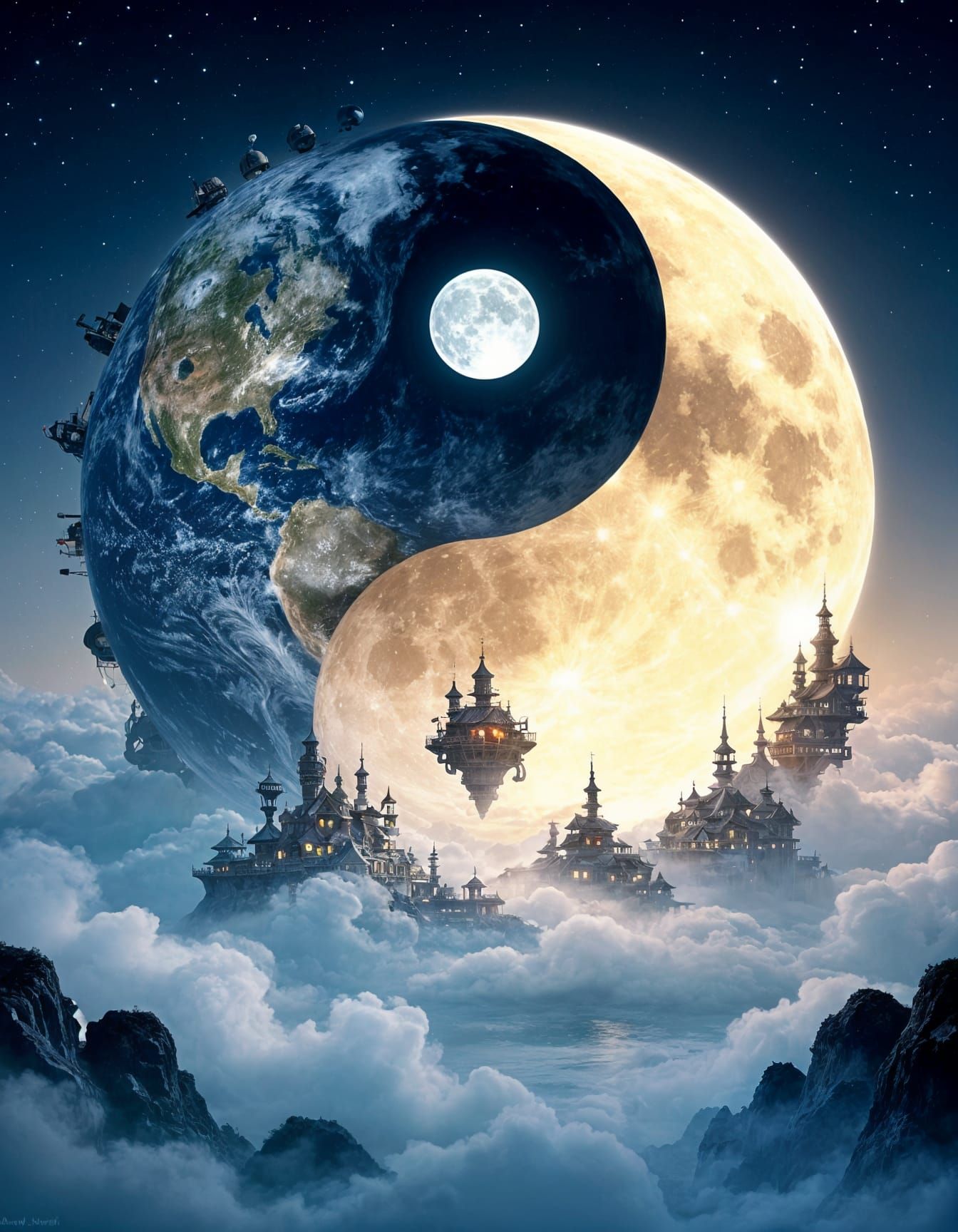 Surreal Yin Yang Sun Moon Over Foggy Ocean