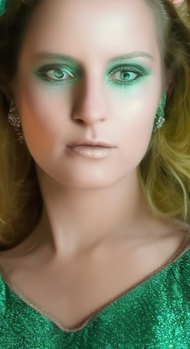 Gaia in Green Glittering Dress and Eyeshadow