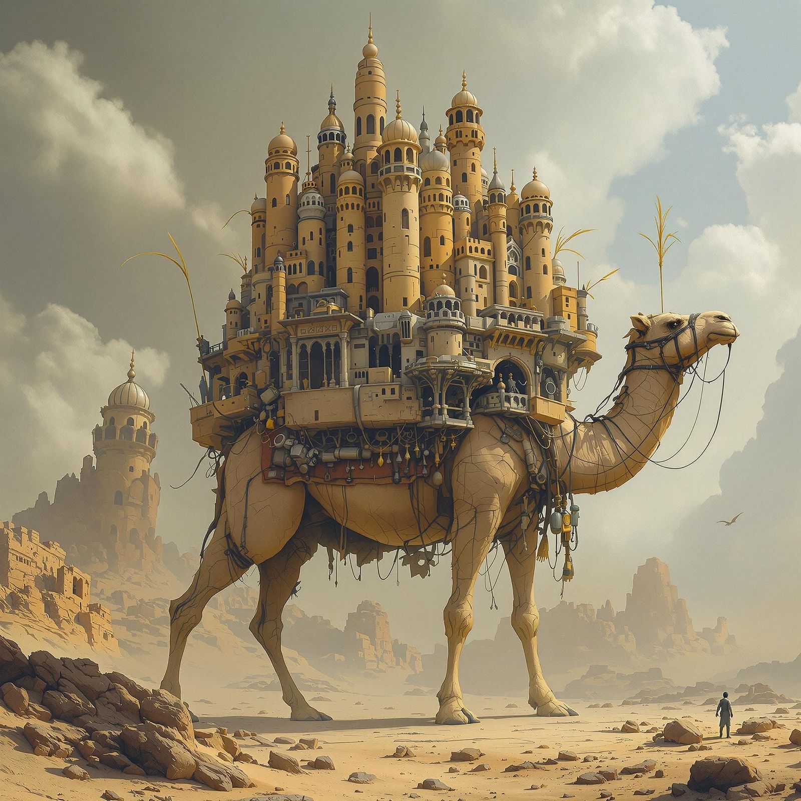 A Futuristic Camel Supports a Crumbling Cityscape on a Singl...