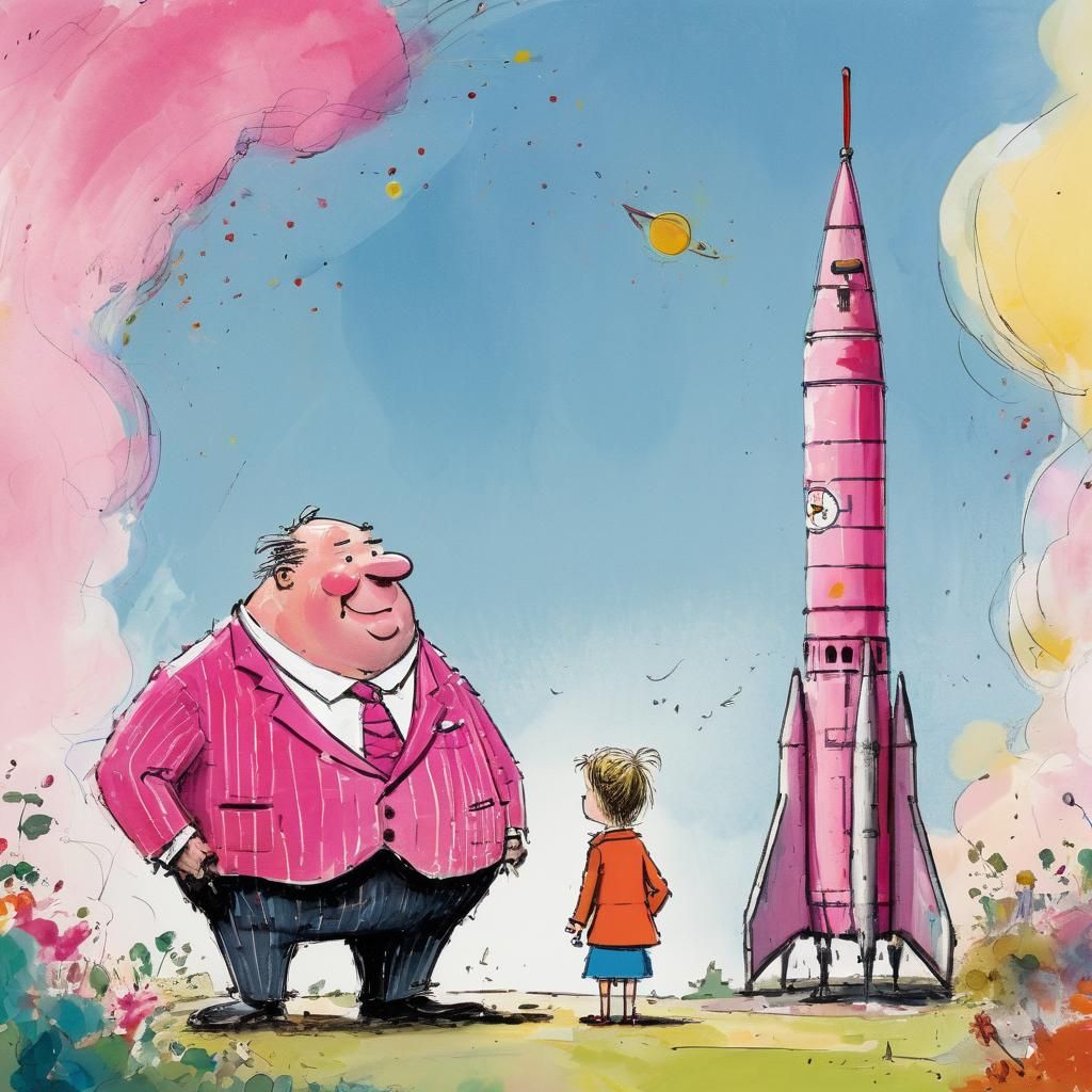 Overweight Man in Pink Suit by Rocket, Naive Art