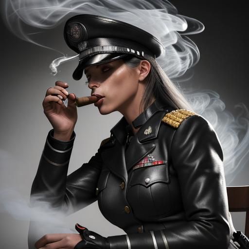 Female Officer in Silver Leather Uniform Smoking Cigar