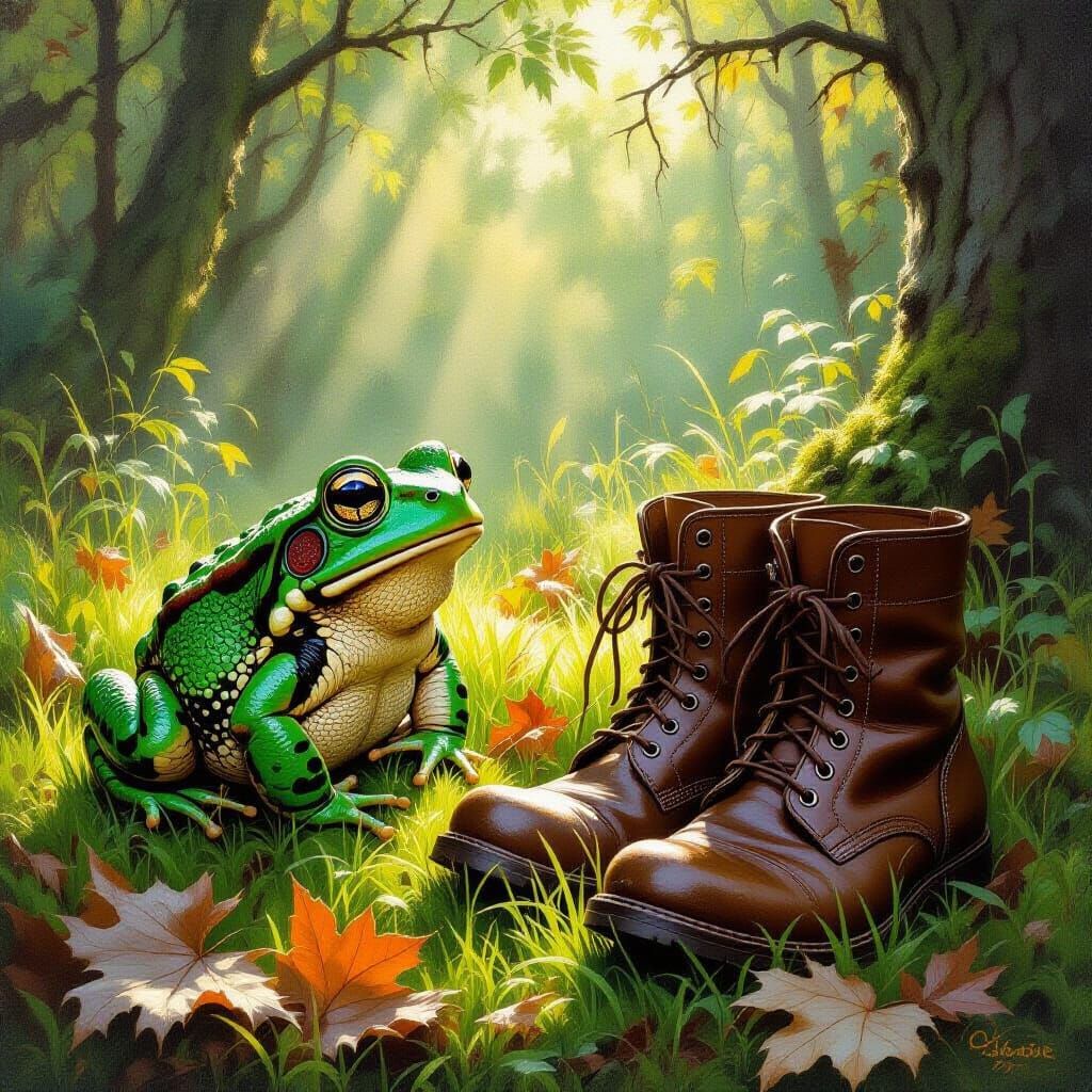 Emerald Toad Observes Old Trekking Boots in Forest