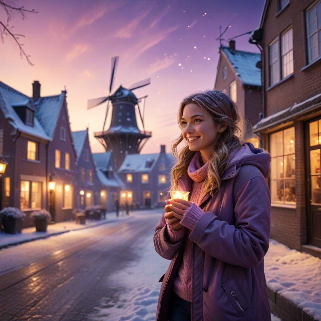 Happy Dutch Match Girl in Snowy Street