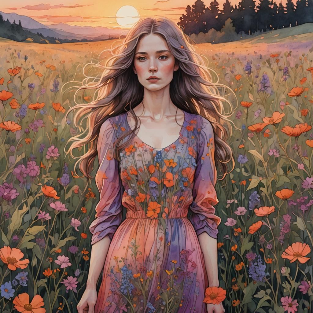 Sunset Wildflower Field with Woman, Dreamy Ink and Watercolo...