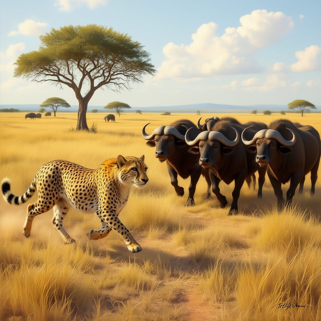 Cheetah Hunting Buffalo on the Savannah