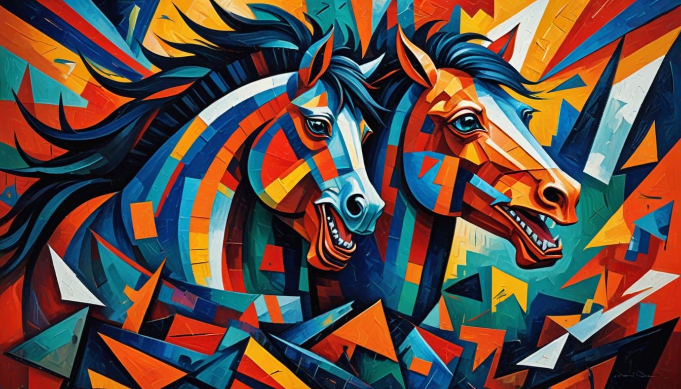 Screaming Horse in Cubist Geometric Fauvism Style