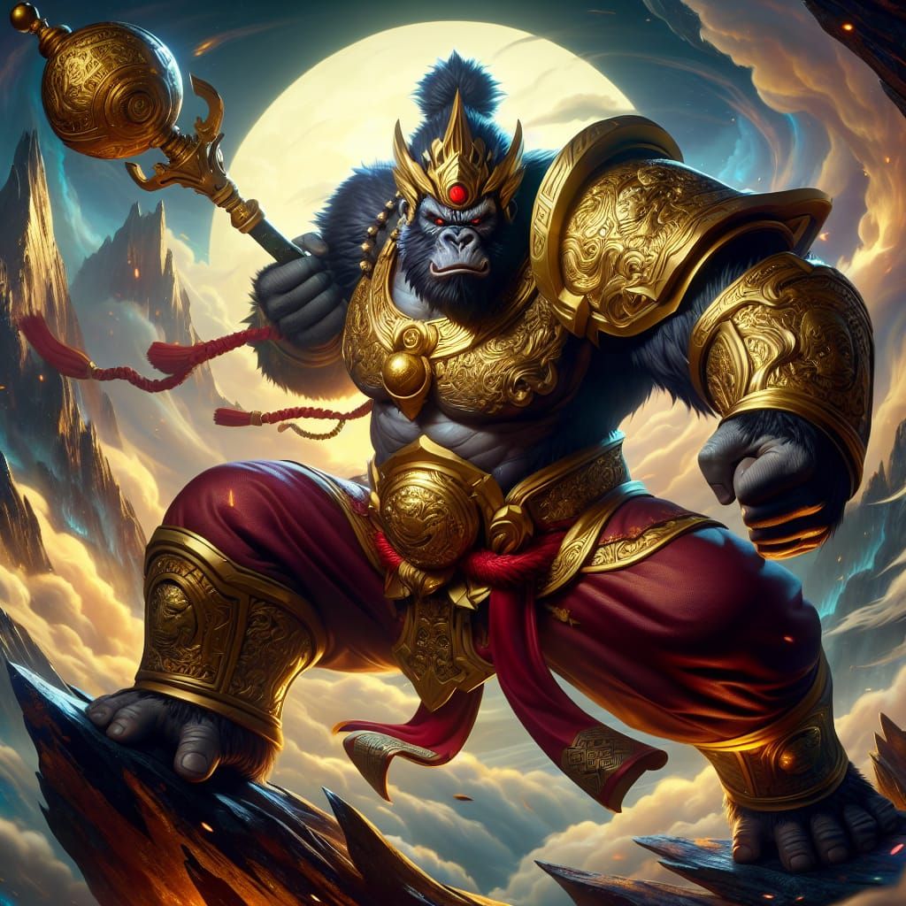 Golden Club Gorilla God in MOBA Splash Art Style