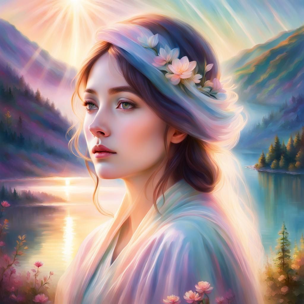 Ethereal Woman Fades into Mountain View, Impressionist Style