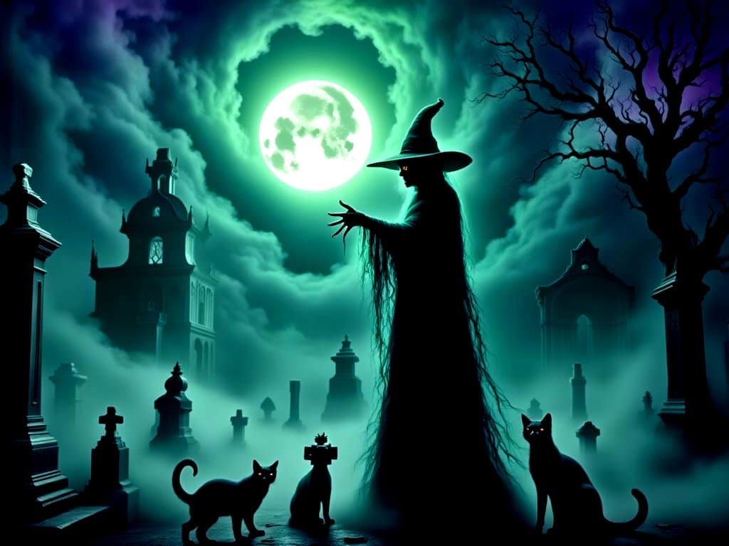 Halloween Witch Casting Spell in Foggy Cemetery with Ghosts