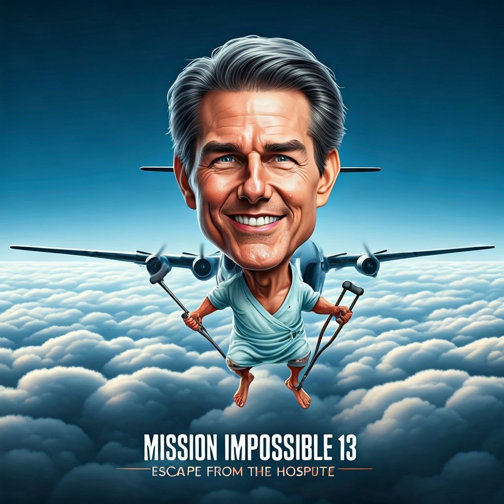 Comical Old Man Leaping from Plane with Crutches