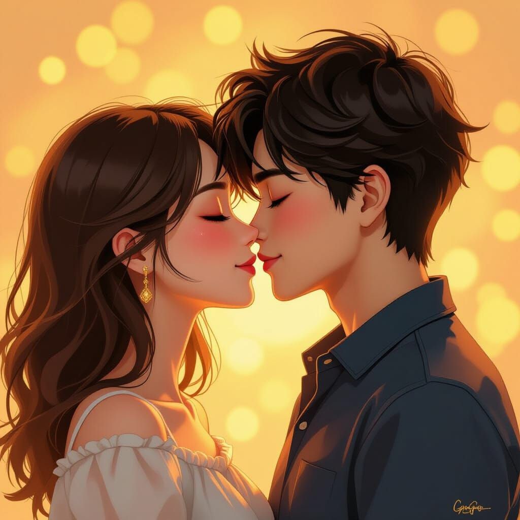 Romantic Anime Couple Kissing with Golden Lighting