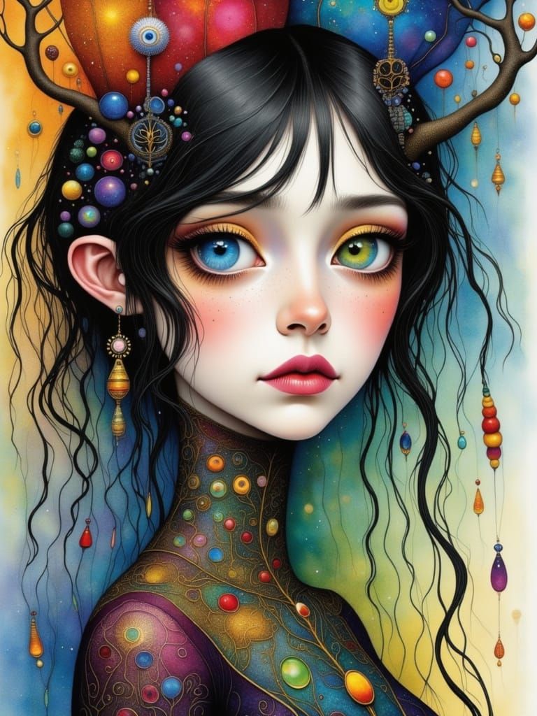 Gothic Fairytale Woman in Watercolor Style