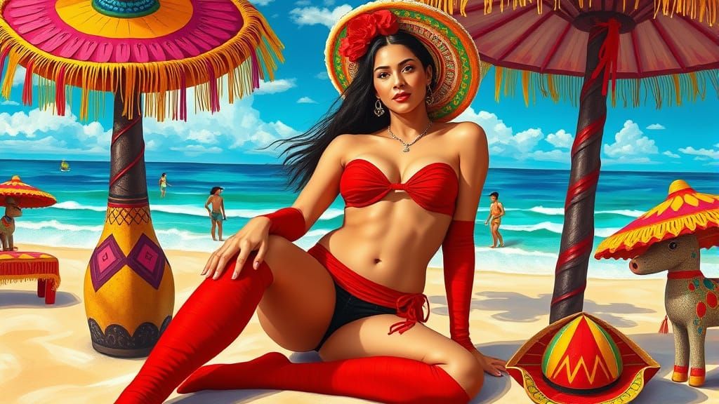 Mexican Woman on Beach in Folk Art Style