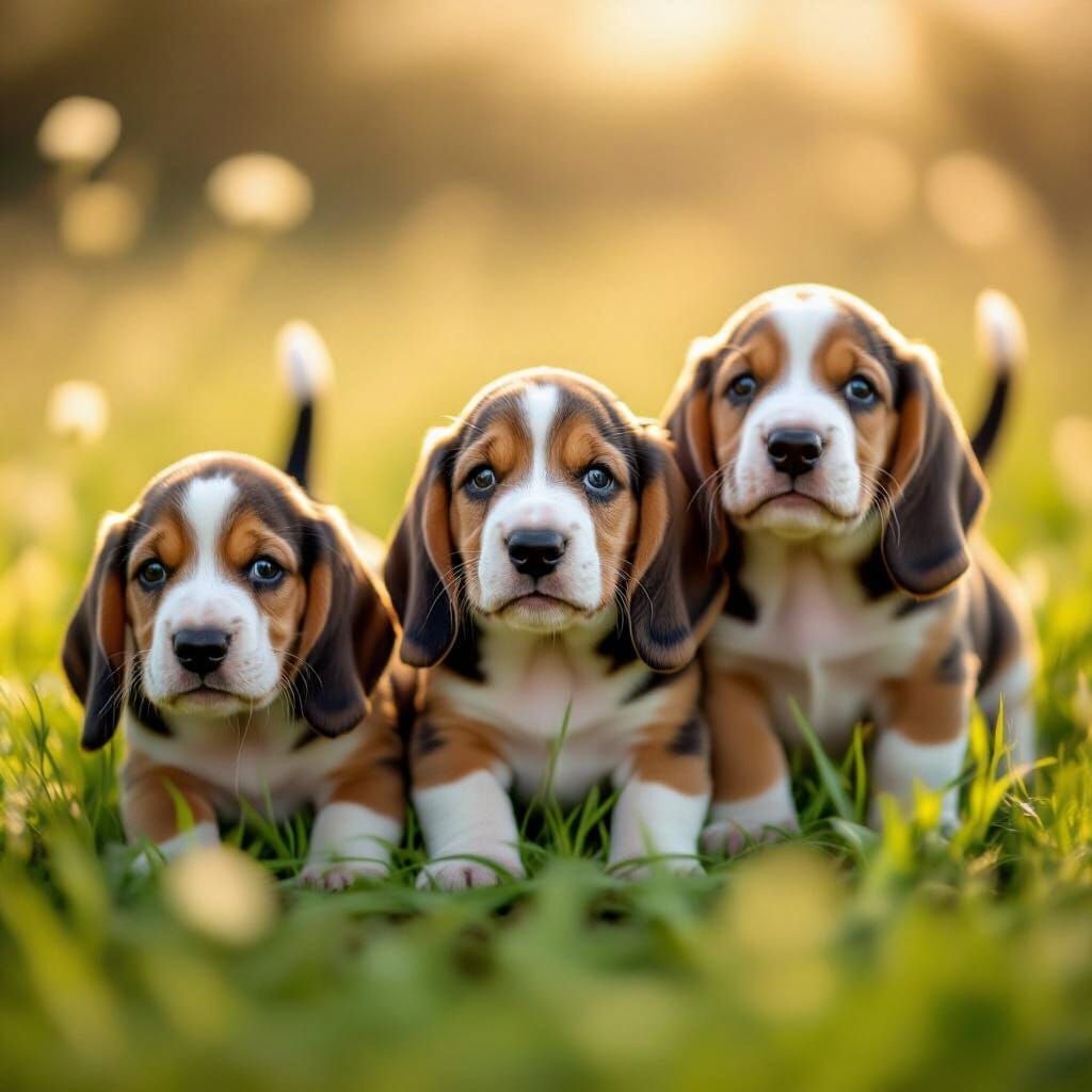 Adorable Basset Hound Puppies in Sun-Dappled Meadow