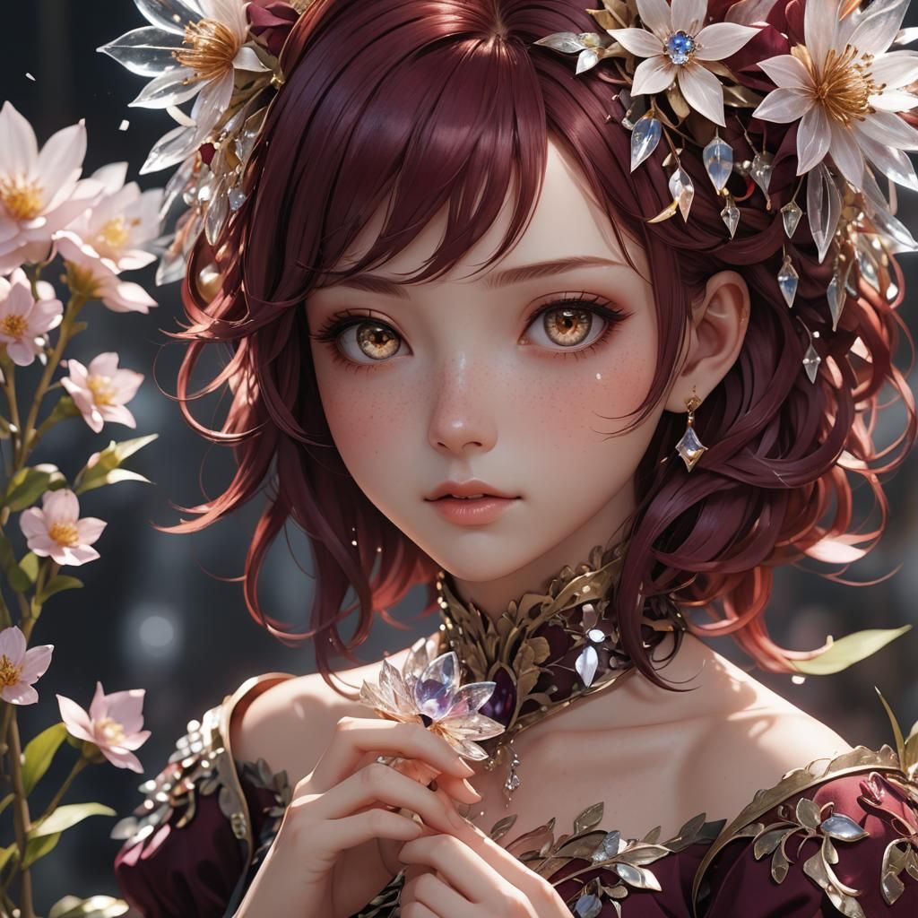 Girl with Crystal Flower: 3D Anime Art