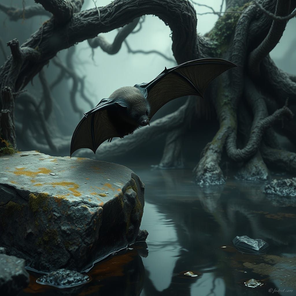 Sad bat looking into water and seeing her sad reflection