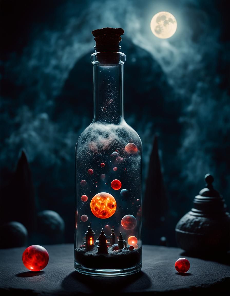 Solar System in Glass Bottle, Surreal Dark Fantasy Art