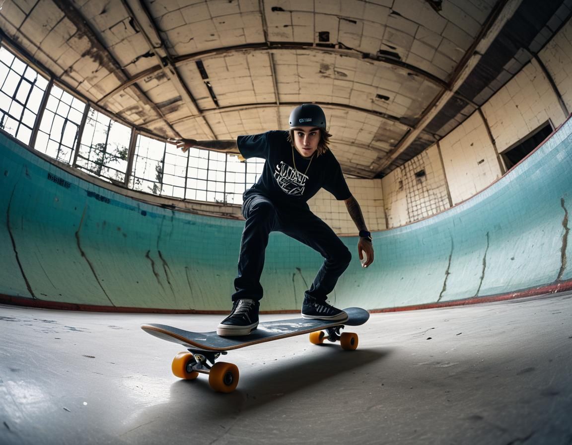 Skateboarder Tailslide in Abandoned Pool: Fisheye Lens