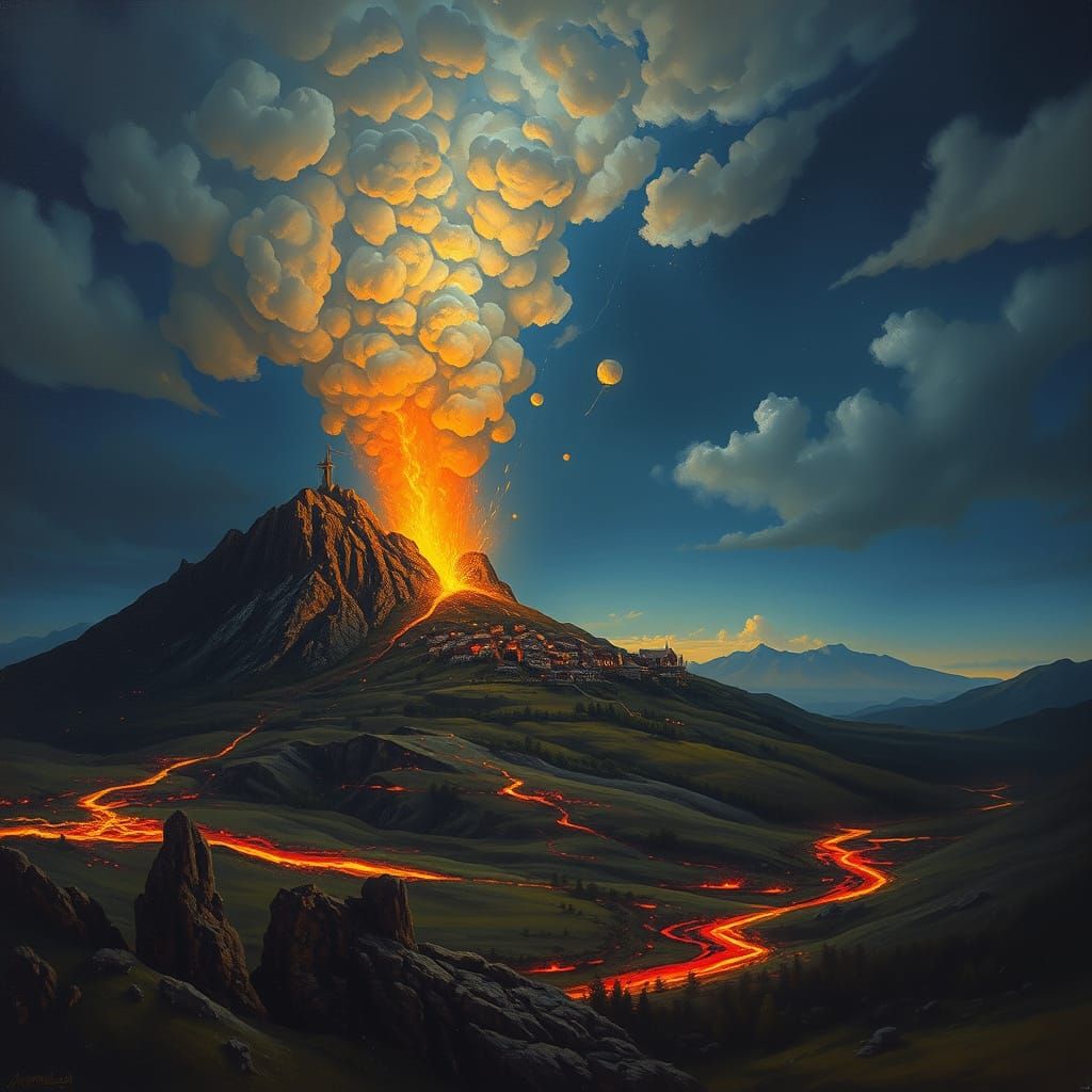 Volcanic Eruption Overlooking Village Oil Painting