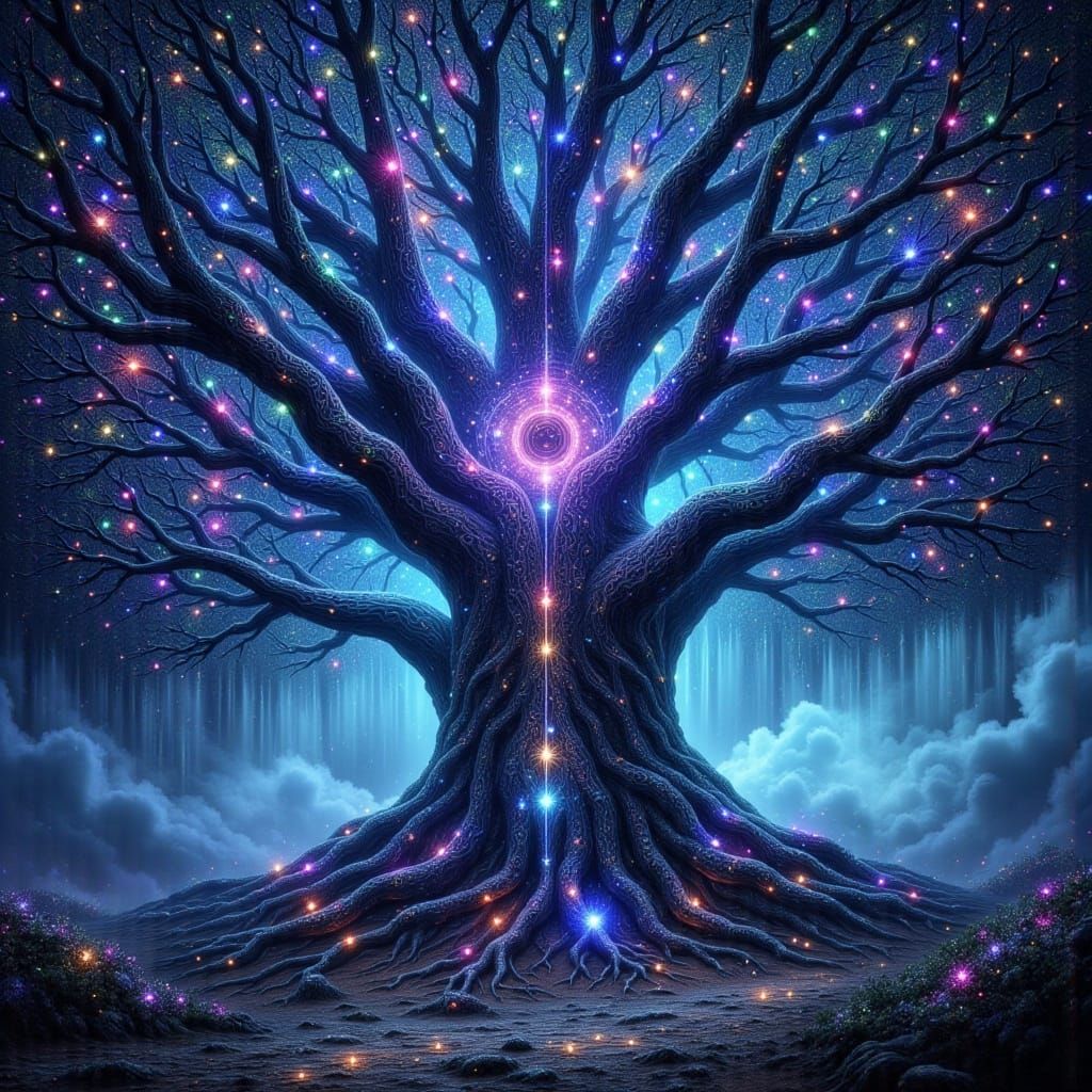 Magical Glowing Tree with Ancient Runes in Ethereal Light