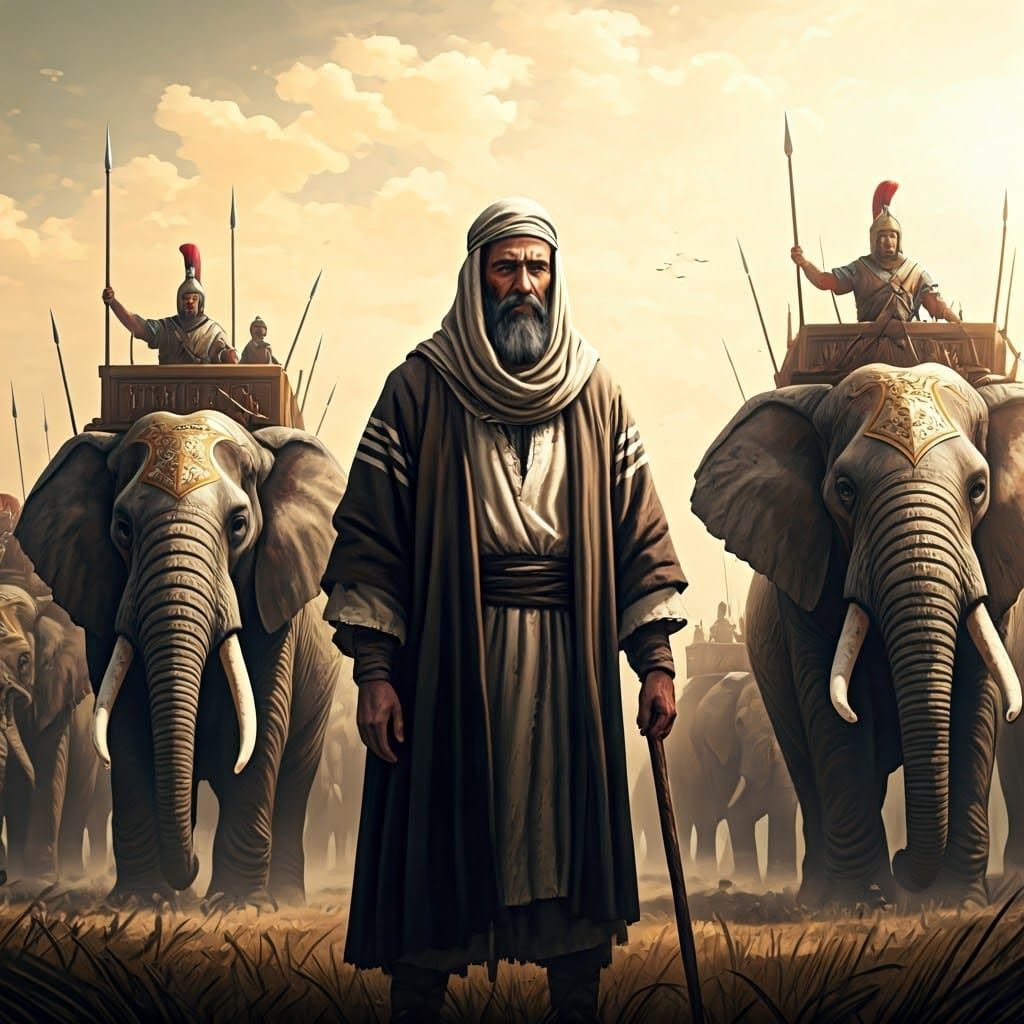 Ancient Jewish Man Confronts Greek Elephants: Anime Style