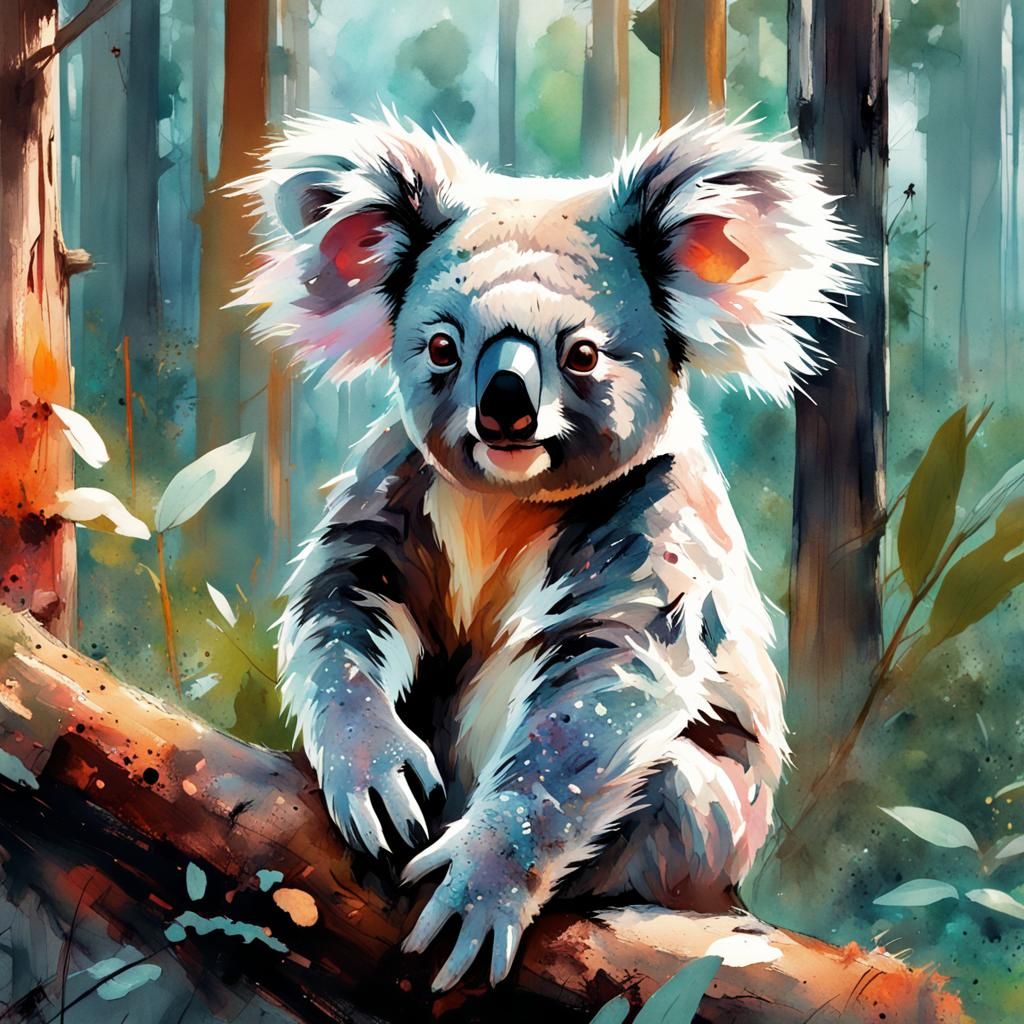 Fantasy Watercolor Koala in Opulent Forest