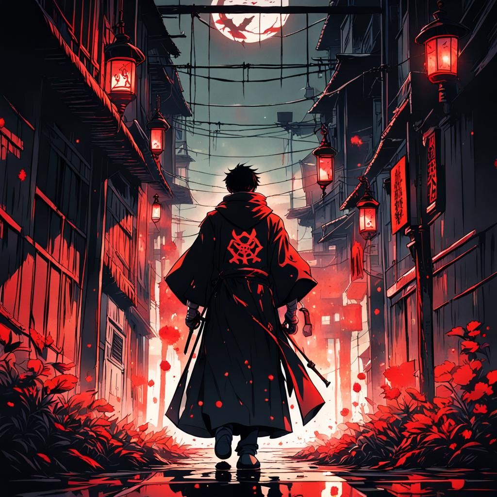 Anime-Style Prison with Red Lights and Horror Atmosphere