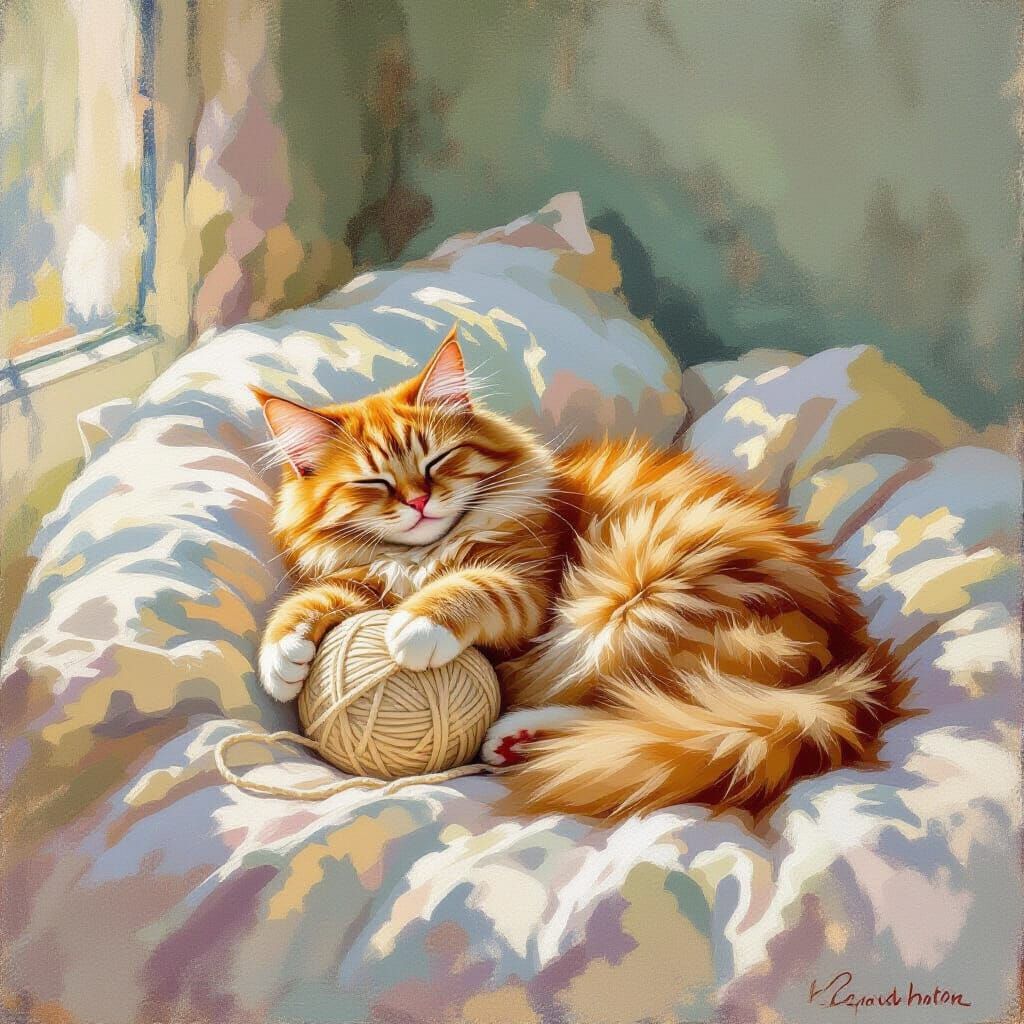 Impressionist Cat Napping in Ornate Bed as Monet Painting