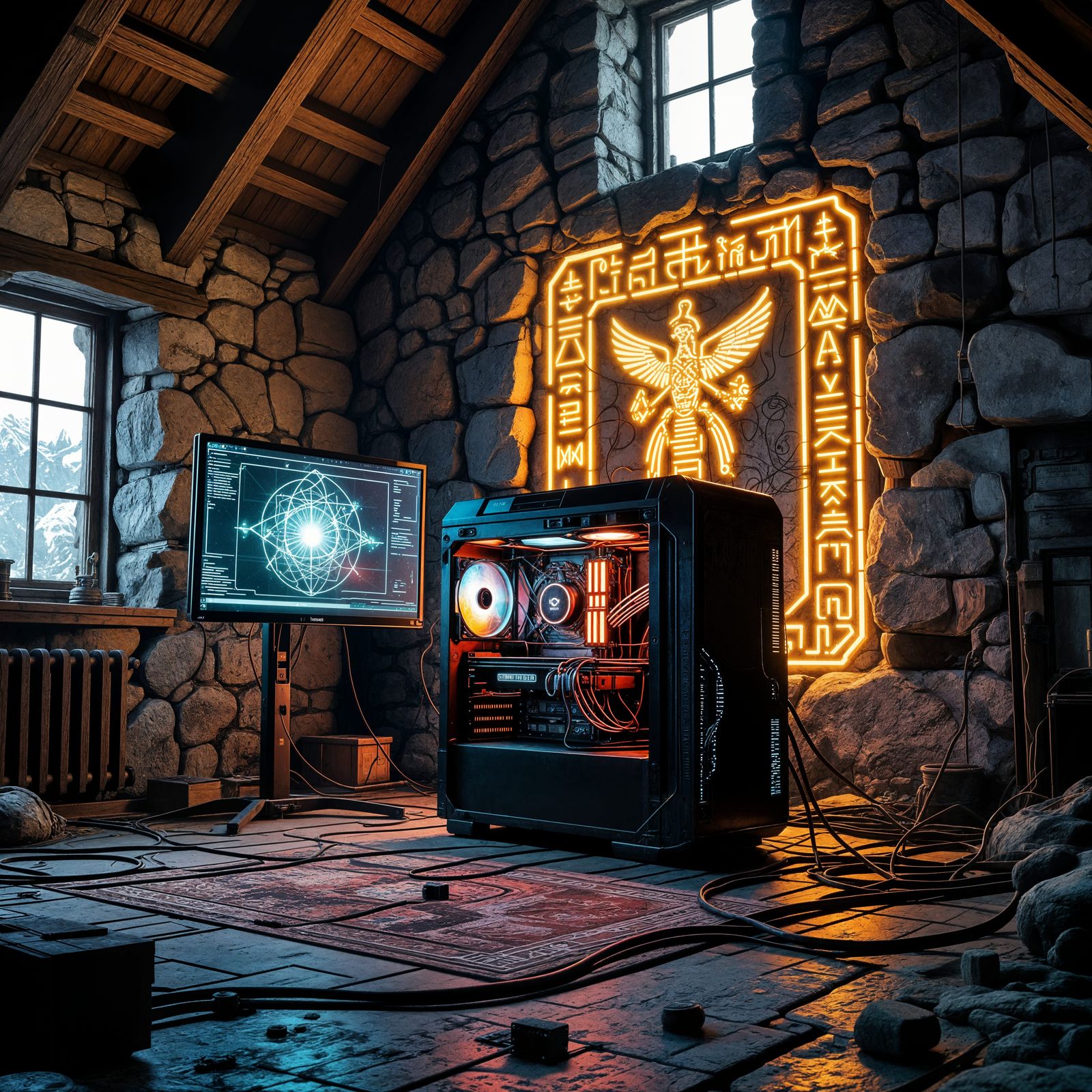 Quantum PC in Ancient Scandinavian Farmhouse with Hieroglyph...