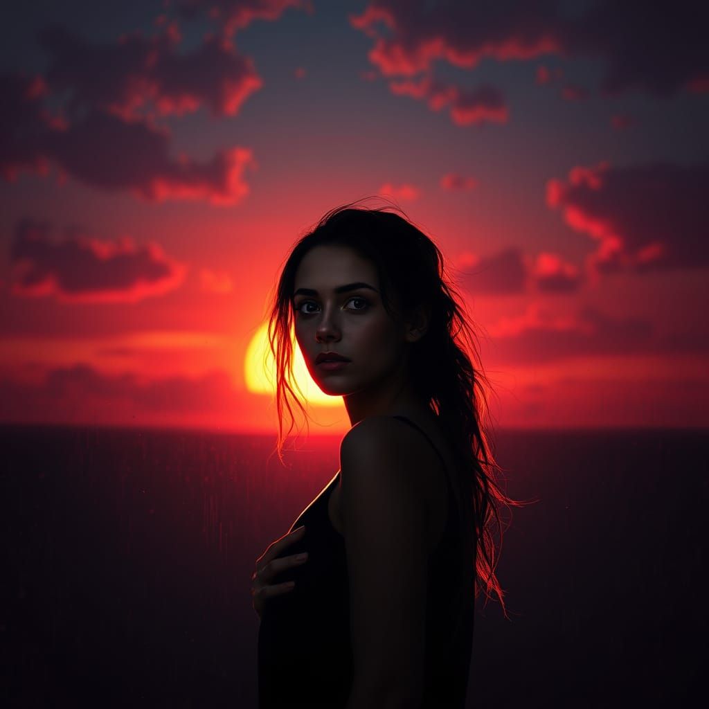 Woman Stands in Hyperrealistic Dark Sunset, Splash Art Style