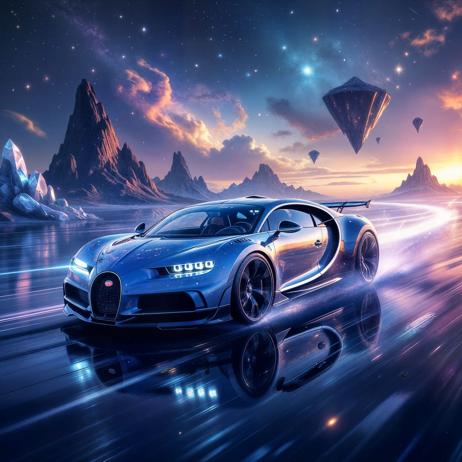 Bugatti Chiron as Celestial Chariot in Cosmic Nebula