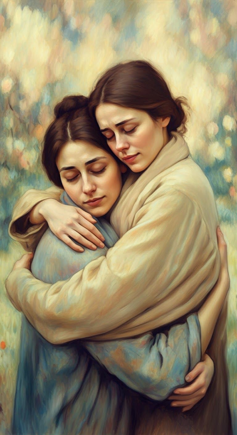 Woman in Gentle Embrace: Impressionistic Figurative Scene